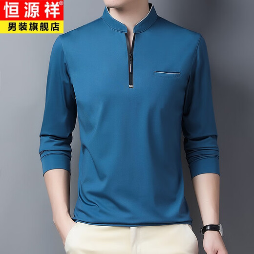 恒源祥中年长袖T恤男春秋上衣服男装40-50岁拉链立领打底衫中年冰丝体恤 6625上青 4XL 190