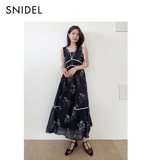 SNIDEL [Same Model in Celebrity] 2025 Autumn and Winter New V-neck Sleeveless Lace-up Waist Printed Dress SWFO254120 Gray S (0)