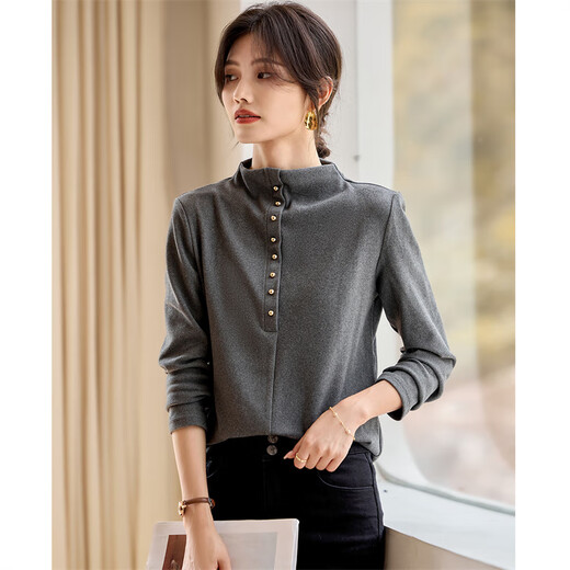 Shangjing's stylish and versatile half-turtle collar warm base layer embellished with gold buttons for fall and winter.