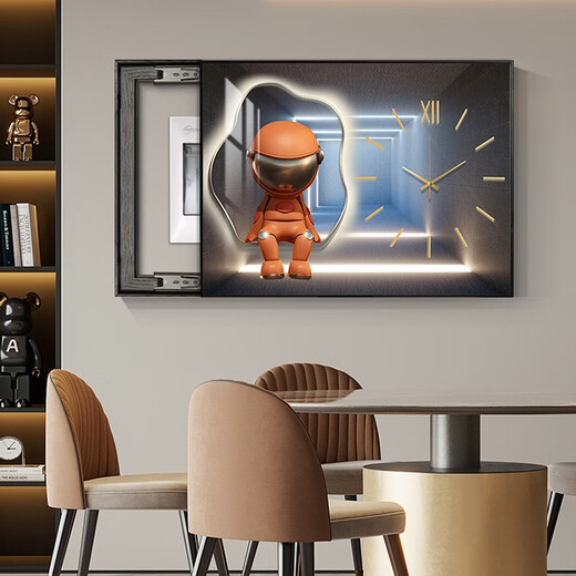 
Chengzi Light luxury electric meter box decoration painting with clock distribution box cover without holes Modern simple hanging painting Astronaut clock K11967 70*50cm (cover 60*40) black frame with cover