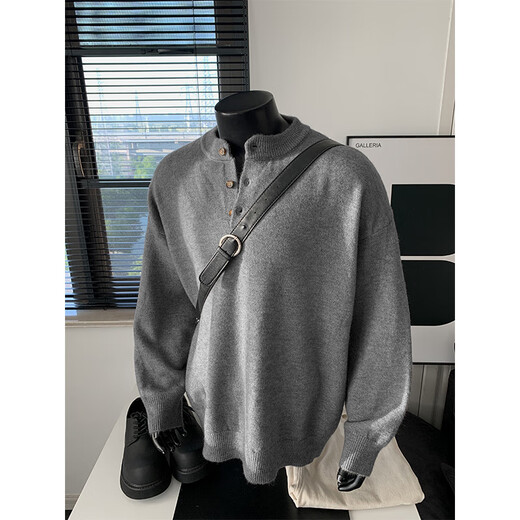 XUANSENTU black Henry collar sweater for men, spring and autumn mature and stable POLO knitted bottoming shirt, lazy style inner sweater, black M