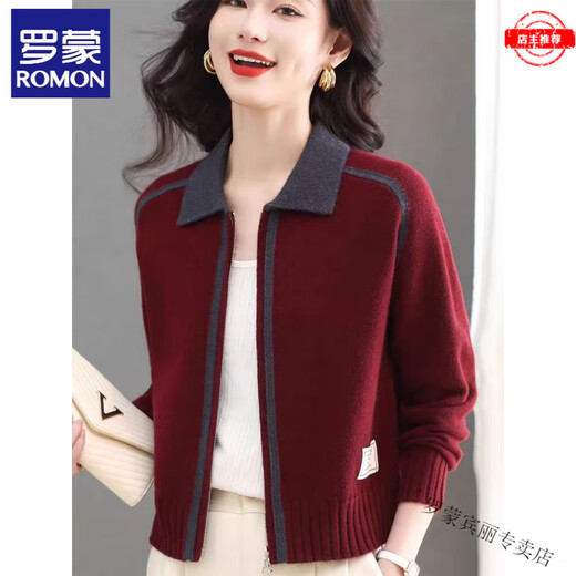ROMON lapel zipper knitted cardigan for women spring and autumn new style petite short high-waisted cardigan sweater jacket 100% pure wool-Anchor Red-Top 10 Women's Clothing S Recommendation 80-95Jin Jin equals 0.5 kg