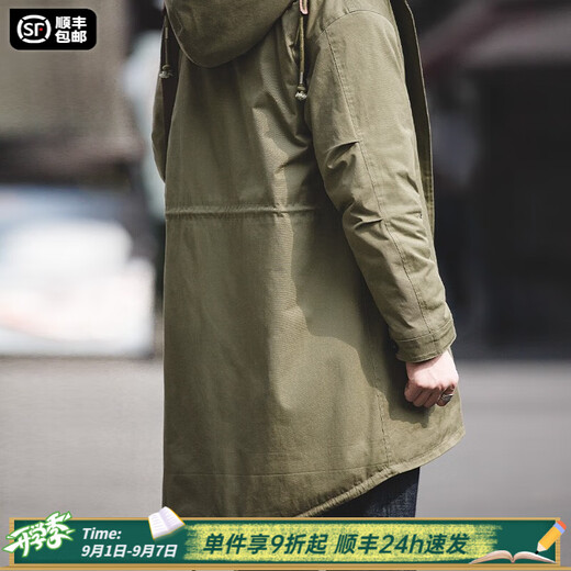 Maden Workwear American Retro M51 Fishtail Windbreaker mit mittlerer Länge mit Kapuzenjacke Herren Military Coat Park über Baumwolljacke Herbst und Winter Militärgrün (schlank) m