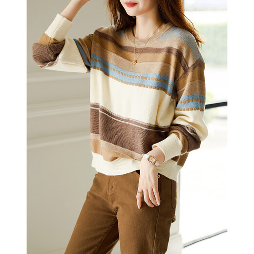 Demana Light Mature Commuting 2025 Winter Round Neck Velvet Yarn Striped Contrast Color Sweater Long Sleeve Knitted Sweater Women's Top