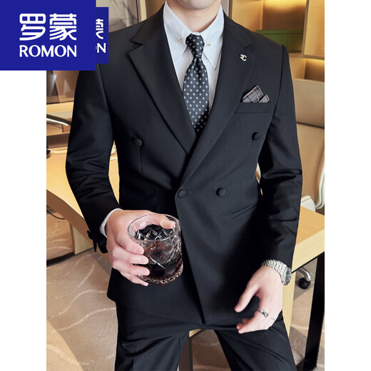 ROMON suit men's suit groom wedding dress British slim business formal suit double-breasted handsome trendy brown two-piece top + pants + shirt M 4895-105Jin Jin equals 0.5 kg to wear