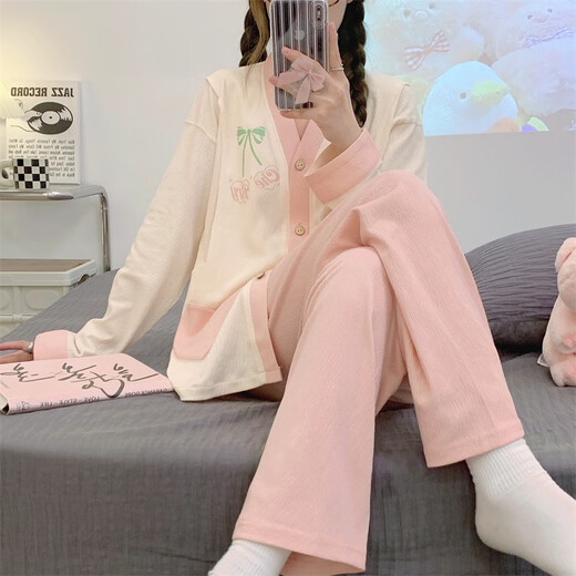 欧鹿汐（OULUXI）纯色皱布棉质月子服春秋孕妇睡衣夏季透气吸汗产妇产后哺乳喂奶衣 AXXE724少女心 XL码 (建议115-135斤)