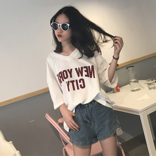 Langyue women's summer Korean style simple short-sleeved T-shirt women's V-neck letter printed top T-shirt bottoming shirt LWTD191447 white XL