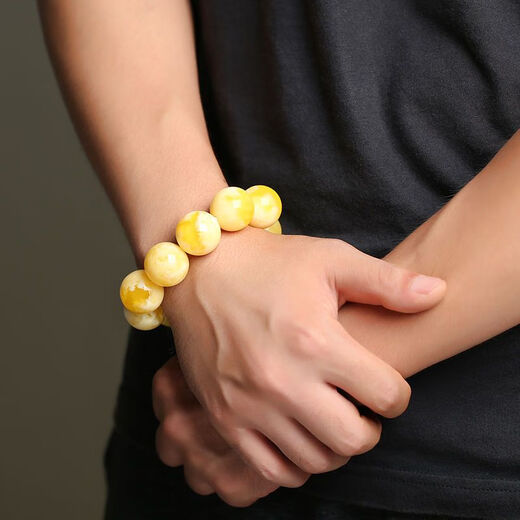 Shimei natural Russian beeswax bracelet for men, white flower beeswax bracelet for women, amber chicken fat yellow (with national inspection certificate) Russian white flower beads diameter 12 mm (16 pieces)