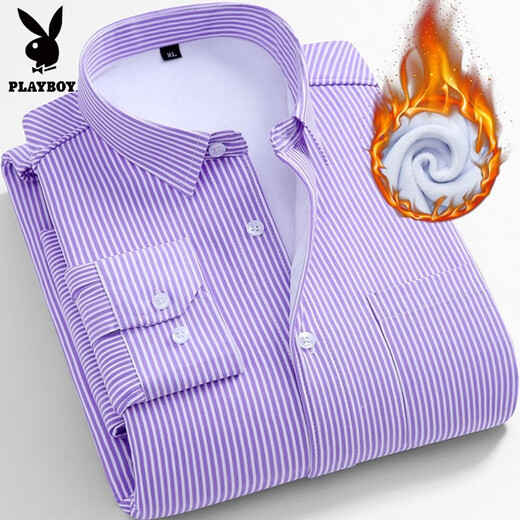 Playboy autumn and winter men's warm shirt men's velvet thickened business formal striped shirt men's long-sleeved casual inch shirt men's 901 velvet XL /40 115-125Jin Jin equals 0.5 kg
