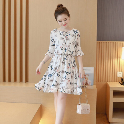 Yu Zhaolin Women's Korean Style Korean Style Short Sleeve Floral Chiffon Dress YWTY1917-93 White L