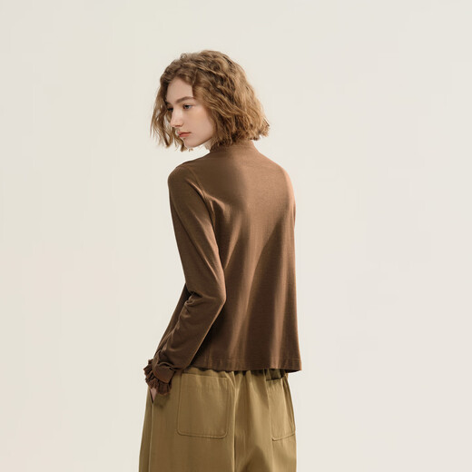 EIN言复古绵羊毛立领花边袖刺绣不规则文艺慵懒感长袖衬衫秋季款 咖色 S