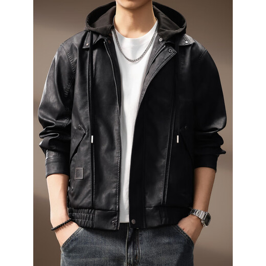 Revium high-end trendy brand motorcycle style detachable hooded PU leather jacket for men 2025 autumn and winter new tough guy retro loose jacket black M suitable for 100-120Jin Jin equals 0.5 kg