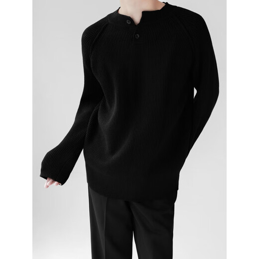 Gray American Henley Collar Sweater Men's Winter Thickened Lazy Style Bottoming Sweater Cleanfit Jacket Men's Black L