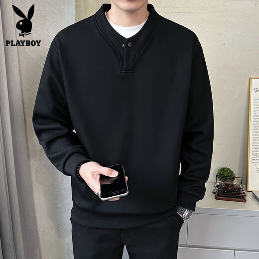 Playboy (PLAYBOY) Henry collar sweatshirt men's spring and autumn 2025 new small shirt stand-up collar top long-sleeved T-shirt men's bottoming shirt black M (about 90~115Jin Jin equals 0.5kg can be worn)