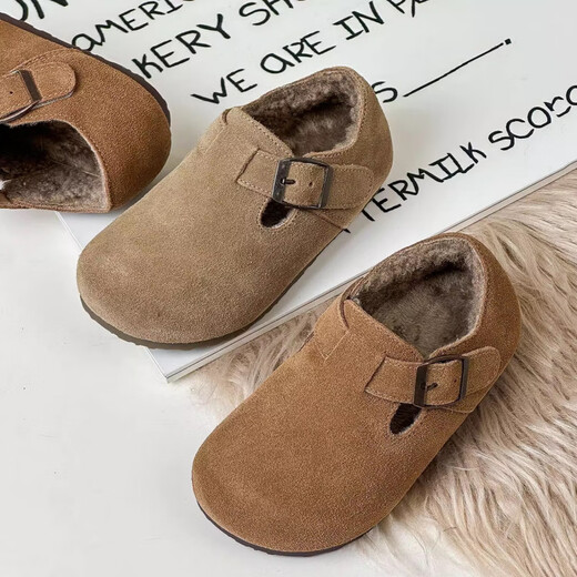 Belle Tread Korean style children's shoes 2026 autumn and winter new style children's velvet Birkenstock shoes nubuck leather second-cotton shoes beanie shoes cotton shoes camel plus velvet 21