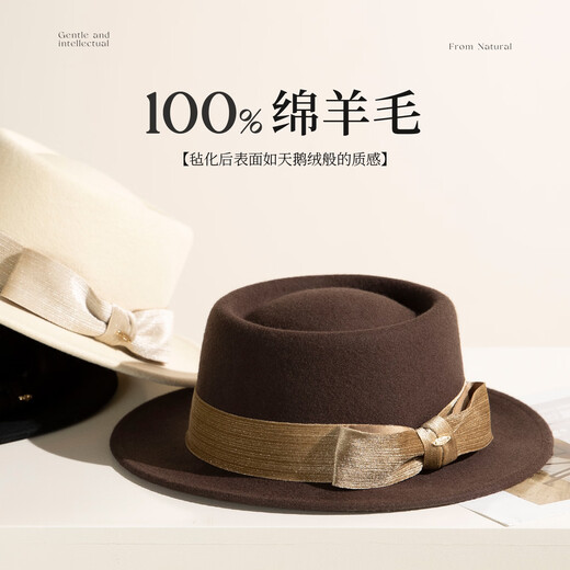 Siggi wool woolen hat for women winter new style French wedding retro fashion all-match flat brim elegant bow knot flat top hat black coffee 57cm
