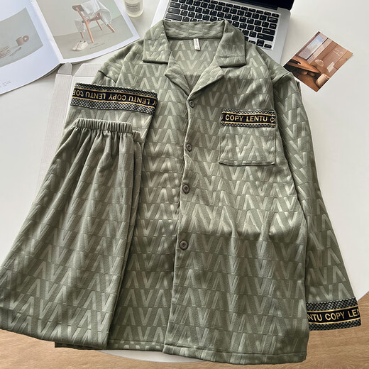 Palanduo De Velvet Pajamas Men's Spring, Autumn and Winter 2025 New Thin Velvet Thickened Warm Teenagers Winter Home Clothing Set 21502 Green Thermal Storage Warmth + De Velvet Suit L Height 165-173, weight 105-130