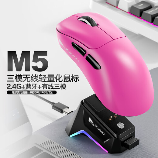 斯迈狼M5无线游戏鼠标电竞办公鼠标 有线/蓝牙/2.4G/三模连接轻量化极简工学设计 FPS吃鸡LOL 磁吸充电 M5【黑色三模】PAW311-磁吸充电座
