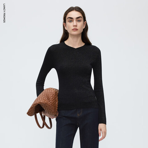 Langzi Merino Wool V-neck Seamless Slim Wool Sweater Commuting Style Simple Base Layer New Style Black L