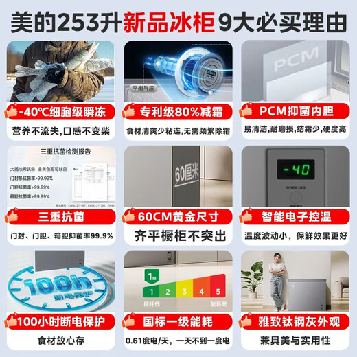 Midea Freezer Frequency Converter Household Freezer - 40°F, 80% Frost Reduction, Antibacterial, First Level Energy Efficiency 253L, Large Capacity Alloy Liner, Dual-Purpose Refrigeration and Freezing 253KEM 253L