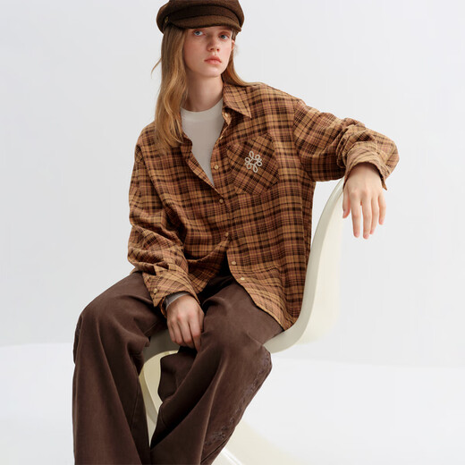 Fanslanen brushed plaid shirt for women winter 2025 new long-sleeved plaid retro embroidered shirt 4323 orange plaid S