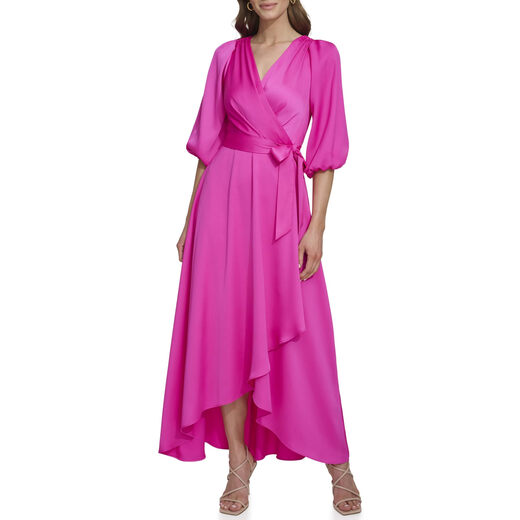 DKNY Women's Balloon Sleeve Satin Faux Wrap Maxi Dress, Pink, 14