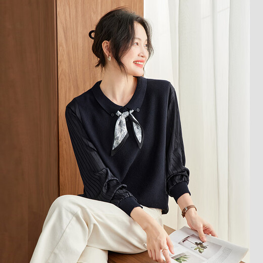 Faberza brand silk scarf collar sweater tops for women autumn and winter 2025 new style temperament fashionable sweater beautiful age-reducing sweater beige M