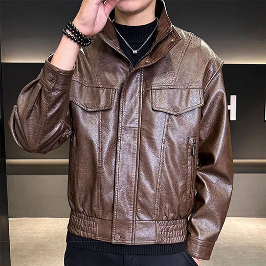 Playboy (PLAYBOY) Haining Motorcycle Leather Jacket Business Casual Lapel New Trendy Handsome Slim Men's Leather Jacket Short Style Brown 4XL Recommended 170-190 Jin Jin equals 0.5 kg