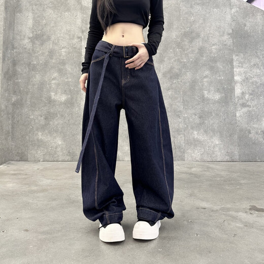 American high street retro personality belt jeans men and women dark blue street loose silhouette sickle wide-leg pants blue 1355 M