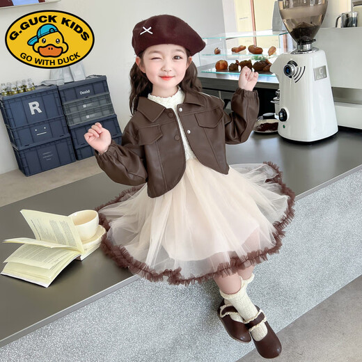 G.duck Girls' Western-style Autumn Dress Set 2025 New Children's Fashionable Princess Dress Baby Girl Spring and Autumn Dress Trendy Brown 120 cm