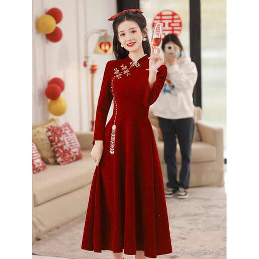 Jialong Mingxiu Cheongsam Toast Wear 2025 Autumn and Winter Bride Small Return Wedding Casual Wear Burgundy Engagement Dress for Women Burgundy M