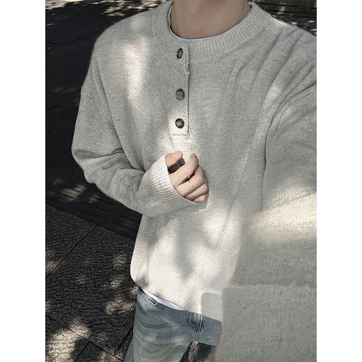 Zhiwei cleanfit Henry collar long-sleeved knitted sweatshirt men's autumn and winter new American retro warm base shirt clothes white flower gray XL recommended 135-150Jin Jin equals 0.5 kg