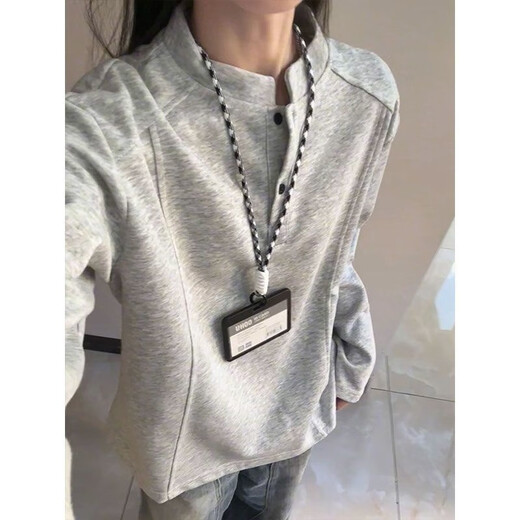 Vnxifm American Henry collar polo shirt sweatshirt for men and women in autumn deconstructed splicing long-sleeved T-shirt cleanfit shoulder top Gray M _ Recommended 86-100Jin Jin equals 0.5 kg