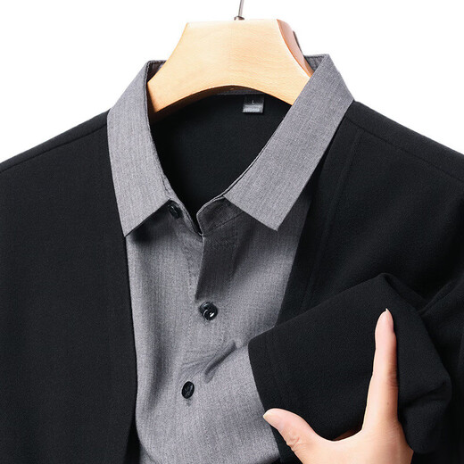 XJSGS international luxury high-end brand men's sweater spring and autumn new fake two-piece casual business sweater bottoming shirt high-end black ready stock XL recommended weight 135-150Jin Jin equals 0.5 kg