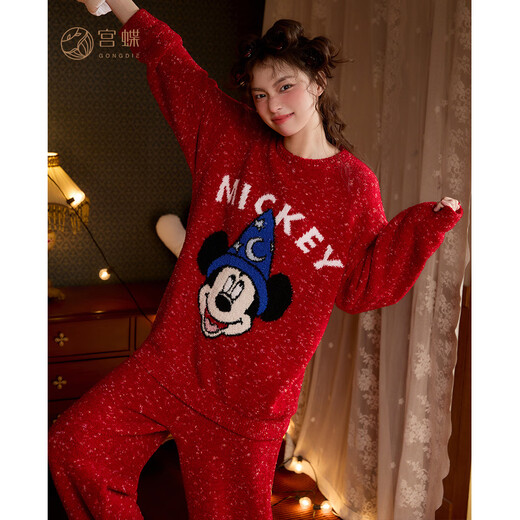 Gongdie Heat Storage Type Disney Mickey Autumn and Winter Red Couple Pajamas Women's Half Velvet Wedding Home Clothing for Men