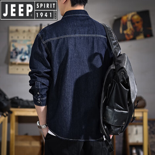 JEEP SPIRIT吉普美式复古明线原色牛仔衬衫男2025秋季新款多口袋宽松休闲衬衣 811深蓝色 L 合适体重120-140斤