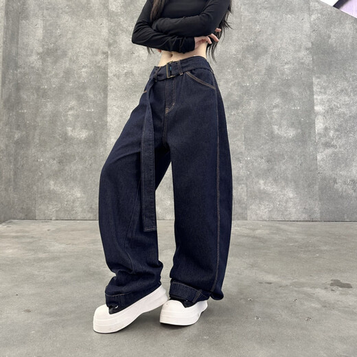 American high street retro personality belt jeans men and women dark blue street loose silhouette sickle wide-leg pants blue 1355 M