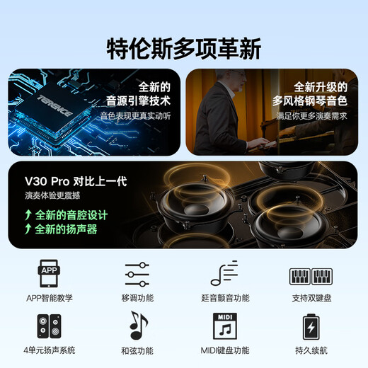 特伦斯折叠琴88键便携式电钢成人儿童电子琴重力度键盘V30pro家用 炫酷黑+专用琴包