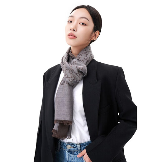 GUCCI Women's Double G Printed Wool Scarf Latte Gray 165904 3G646 1264