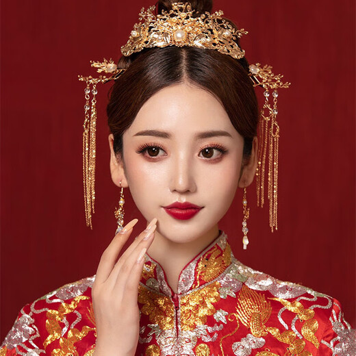 Dijing Bride Xiuhe Headdress Golden Phoenix Crown Chinois Mariage Costume Tassel Hair Acel Xiuhe Clothing Accessoires Bijoux atmosphériques F656 Phoenix Crow