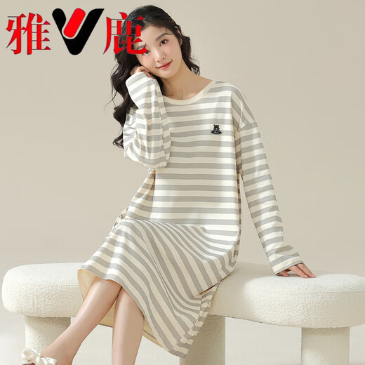 Yalu nightgown for women with long-sleeved cotton design spring and autumn pajamas can be worn on the outside with striped home clothes 2025 Spring and Autumn new style W9765 long-sleeved nightgown XL 110-125Jin [Jin equals 0.5 kg]