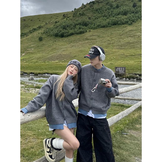 Digada American retro fake two-piece cardigan sweater for men autumn lazy style couple Henry collar sweater jacket MKQSF-2526 gray M 90-110Jin Jin equals 0.5 kg