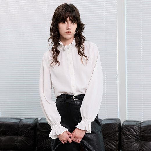 Sancai 2025 new winter style loose shirt with fungus edge stand collar long-sleeved top for commuter women Yunduo White S 155/80A