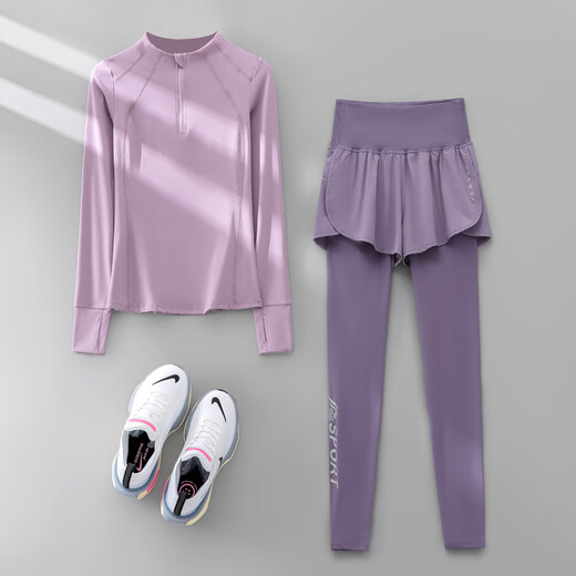 Phigeer autumn running sports suit women's morning running suit long-sleeved quick-drying suit fitness suit half-zip Pilates yoga suit purple two-piece set (purple pants) M