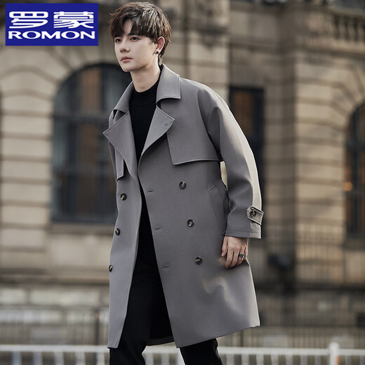 ROMON thin windbreaker jacket for men in spring and autumn mid-length suit collar silhouette coat double-breasted British style trendy top black XL