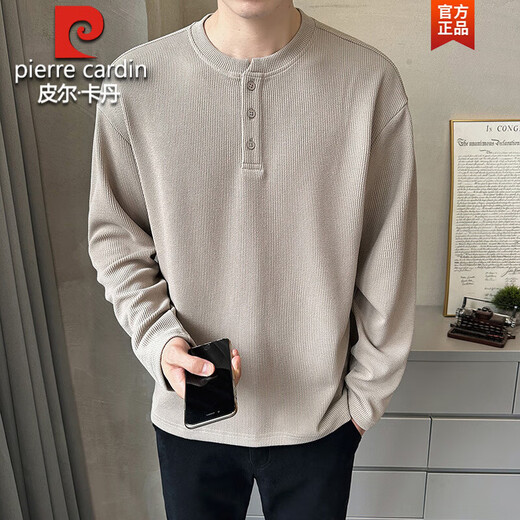 Pierre Cardin Henry Collar Long Sleeve T-Shirt Men's 2025 New Spring and Autumn Autumn Clothes Button Solid Color Inner Bottoming Shirt Sweatshirt Men's 433 White L 115-135Jin Jin is equal to 0.5 kg
