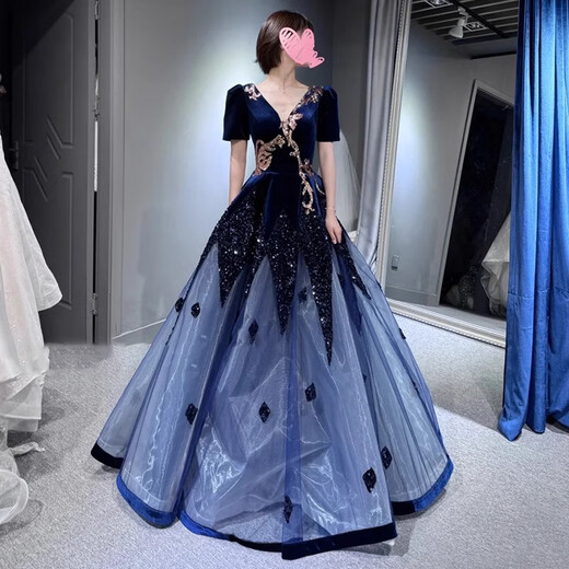 Timochi Piano Performance Clothes Blue Evening Dress Female High-End Atmosphere Student Vocal Arts Exam Folk Song Solo Performance Public Blue M