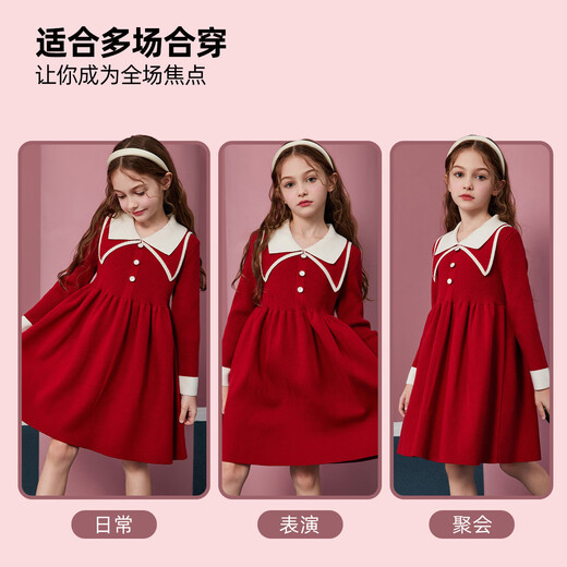 ASK JUNIOR Girls Skirt 2025 Winter Warm Double Lapel Contrast Color Knitted Princess Skirt New Year Red Dress