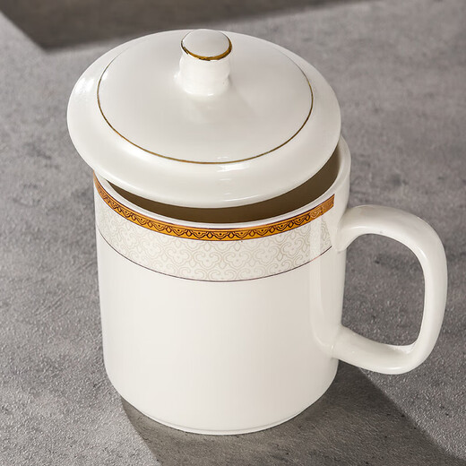 Light luxury conference tea cup with lid, simple household ceramic cup, office conference room reception tea cup, mug gift cup, Benli conference cup (Xiangyun) 218 400 ml