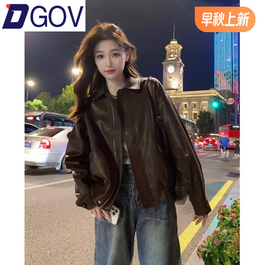 DGOV American Retro Retro Long à manches veste pour les femmes en automne et en hiver Lower Tops Niche Design Sense PU Leather Motorcycle Suit Brown ZT M (Recommandé 95-105 Jin [Jin est égal à 0,5 kg]))